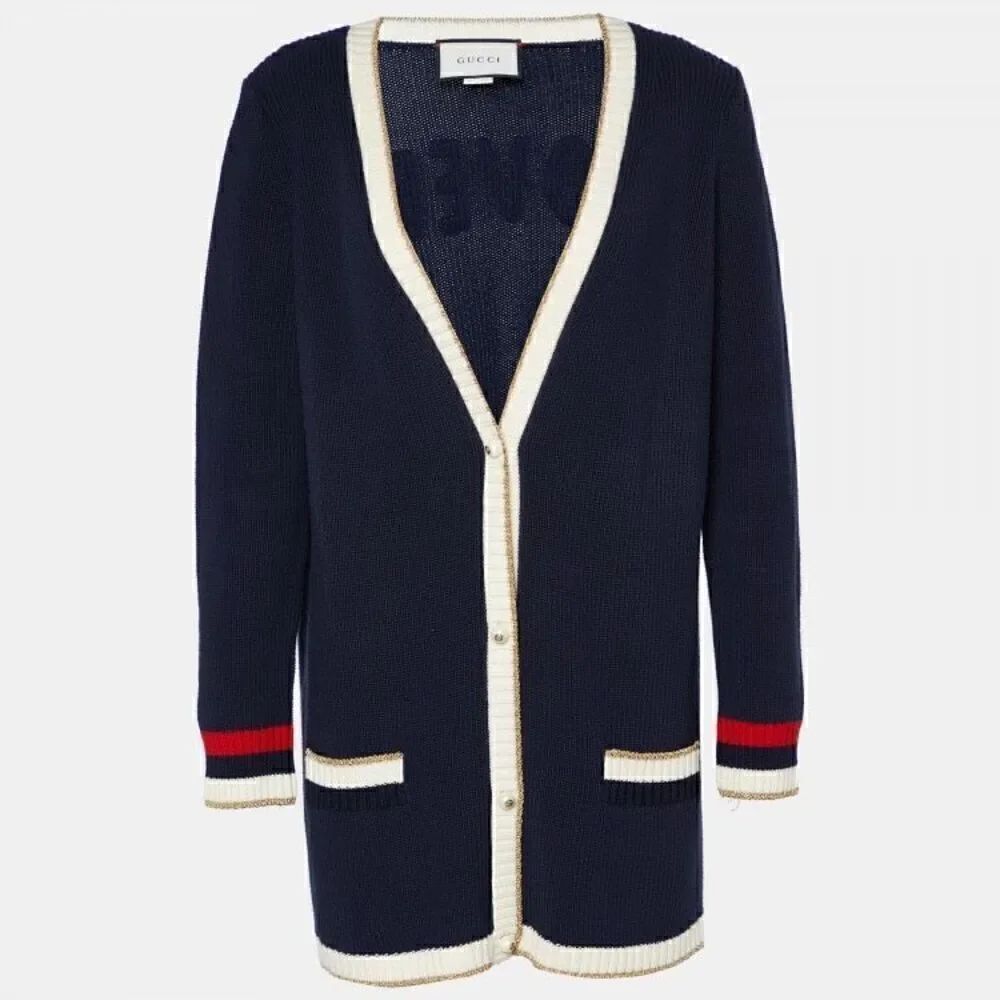 Gucci Blue Lurex Detail Contrast Trim Knit Cardigan Size Small